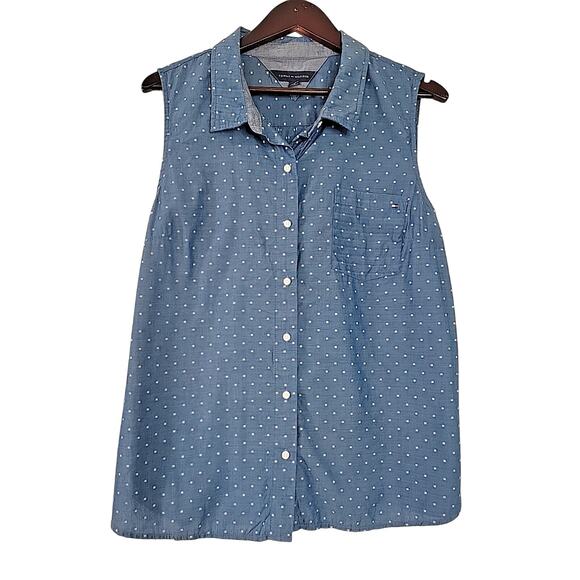 Tommy Hilfiger Women’s Chambray Swiss Dot Sleeveless Button-Up Shirt XL 100% Cot - Picture 1 of 7